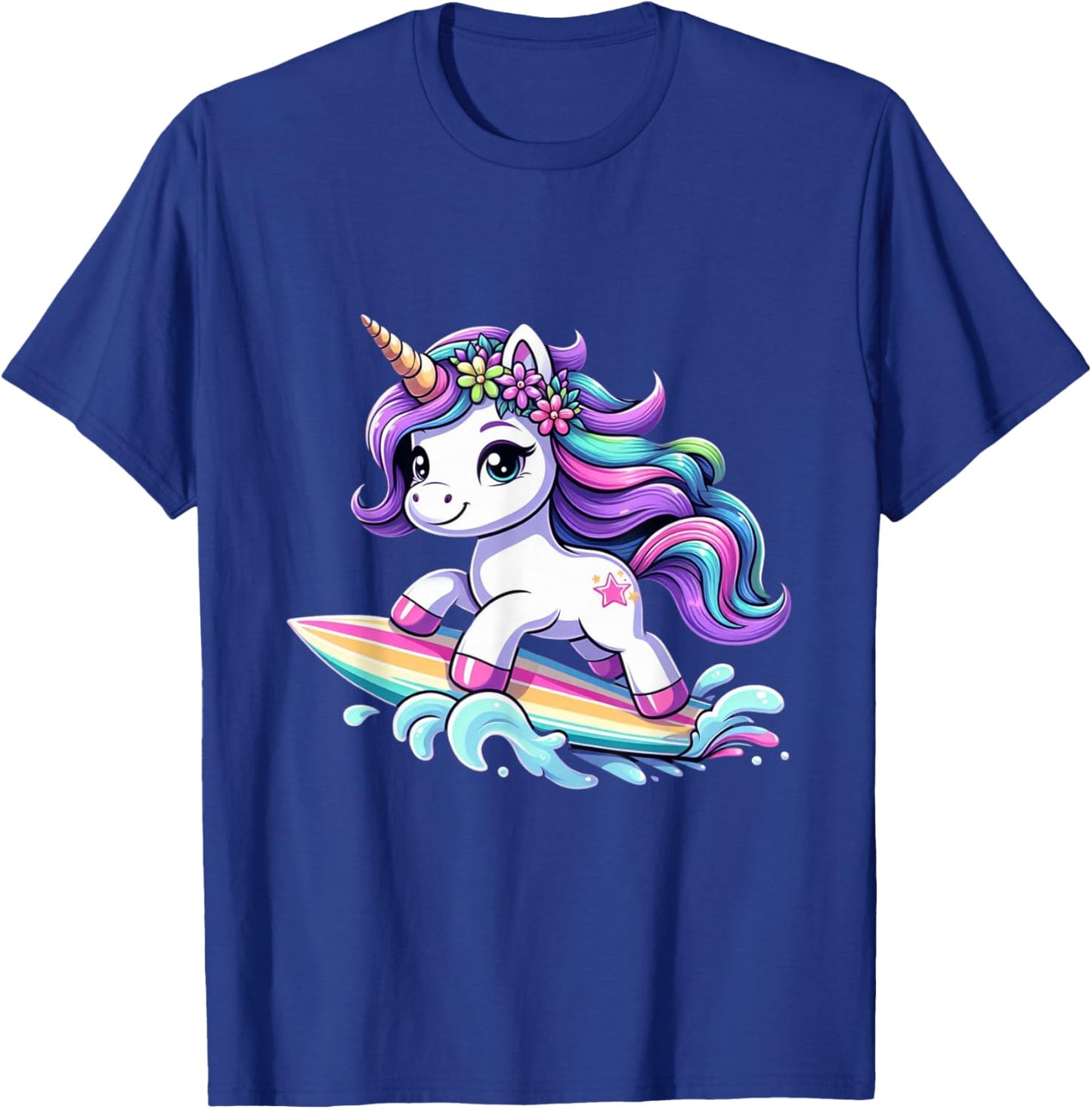 Unicorn Riding Surfboard Boys Girls Women Kids Teens Rainbow T-Shirt - T-Shirt | Royal