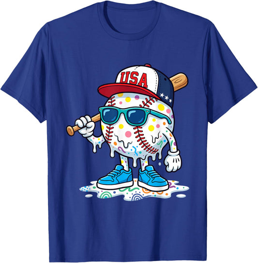 Baseball Drip American Flag for Boys Kids Youth 4th of July T-Shirt - T-Shirt | Royal