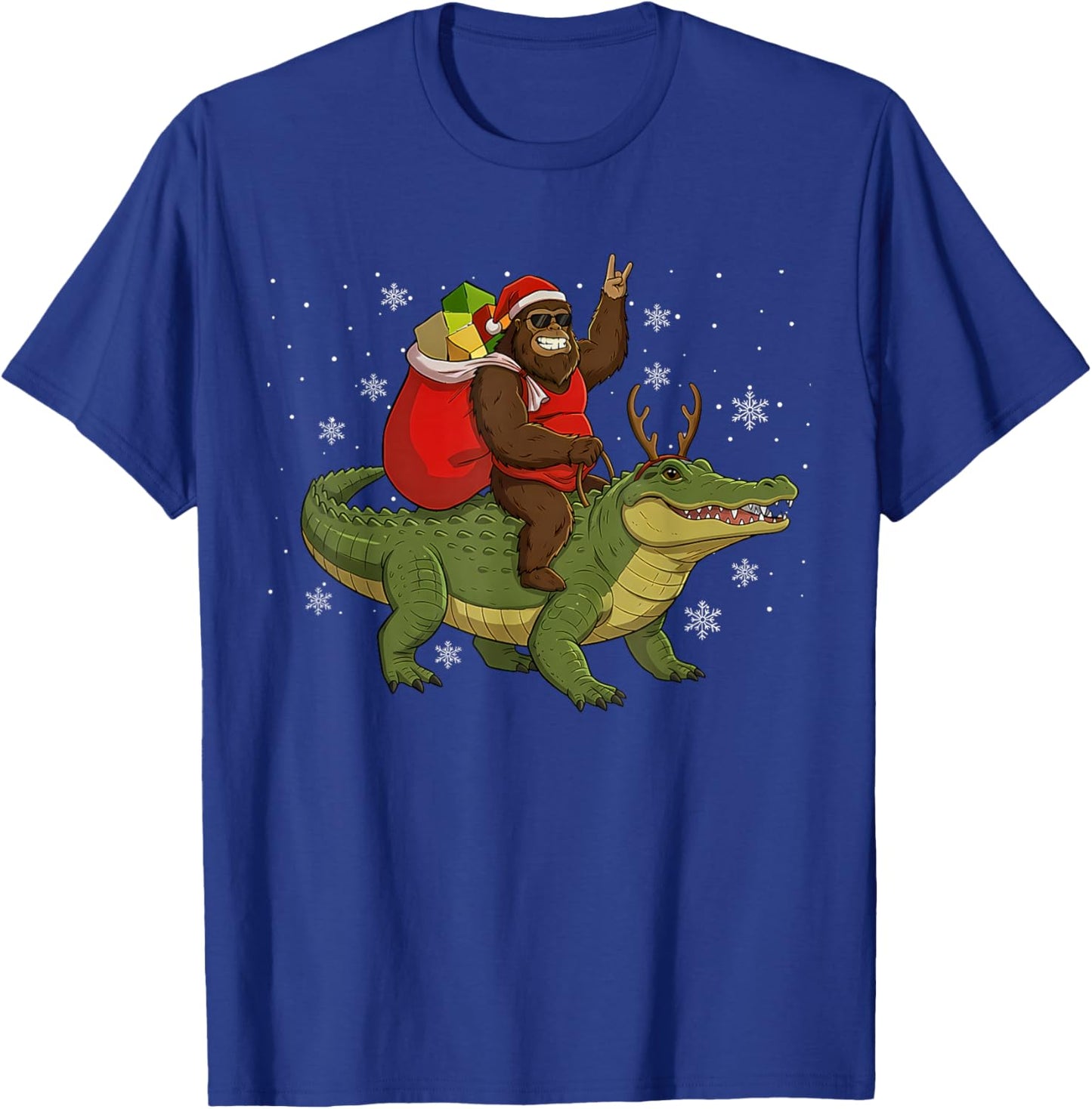 Bigfoot Riding Alligator Deer Xmas Alligator Christmas T-Shirt - T-Shirt | Royal
