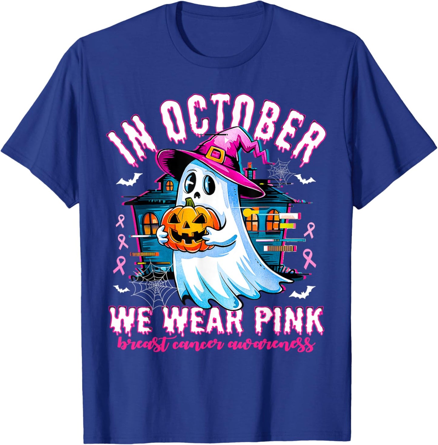 In October we Wear Pink With Ghost Breast Cancer Awareness T-Shirt - T-Shirt | Royal