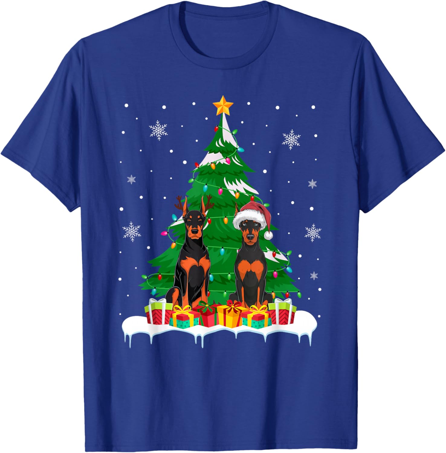 Doberman Pinscher Dog Christmas Tree Light Santa Reindeer PJ T-Shirt - T-Shirt | Royal