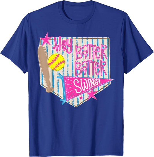 Hey Batter Batter Swing Coquette Game Day Softball Funny T-Shirt - T-Shirt | Royal