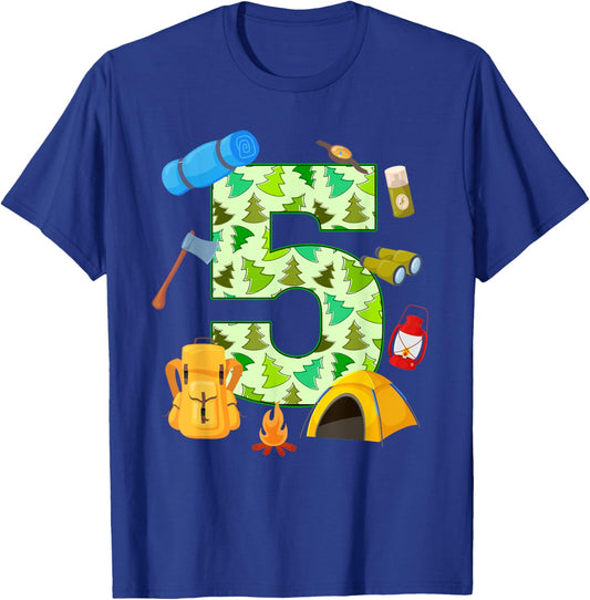 5th Birthday Camping Theme 5 Year Old Birthday Kids T-Shirt - T-Shirt | Royal