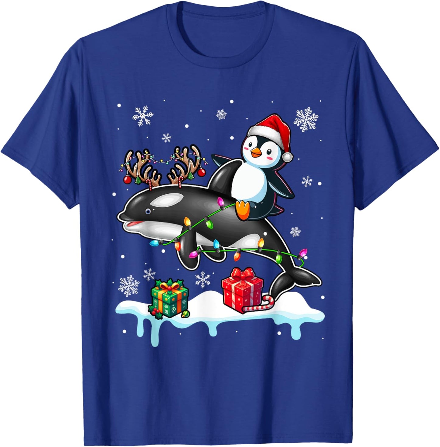 Christmas Santa Penguin Riding Reindeer Orca Lover Kids T-Shirt - T-Shirt | Royal