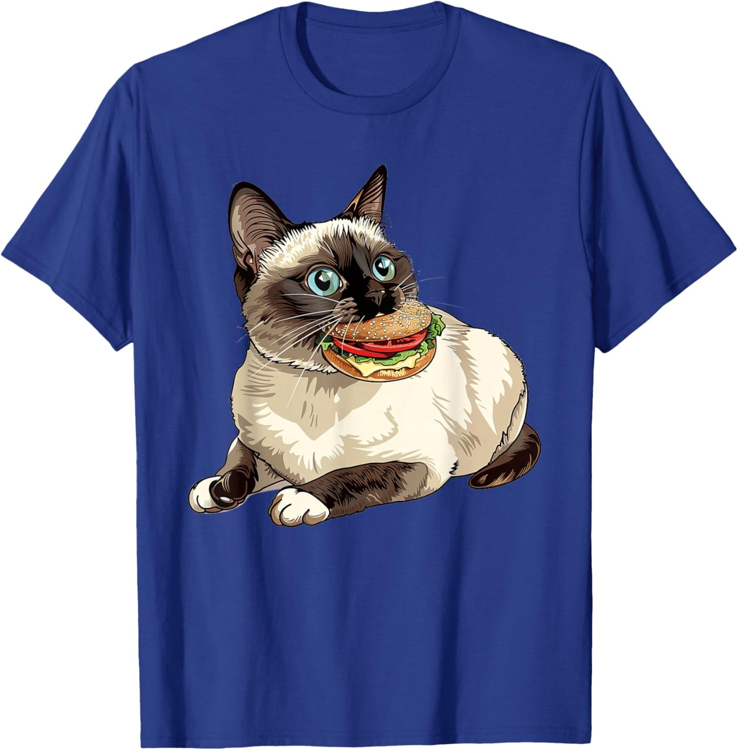 Snowshoe Cat Eating A Hamburger T-Shirt - T-Shirt | Royal