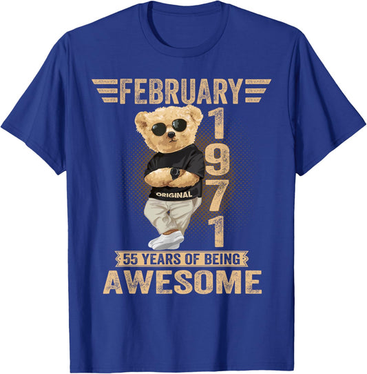 February 55th Birthday Men Women 1971 Great Teddy Bear T-Shirt - T-Shirt | Royal