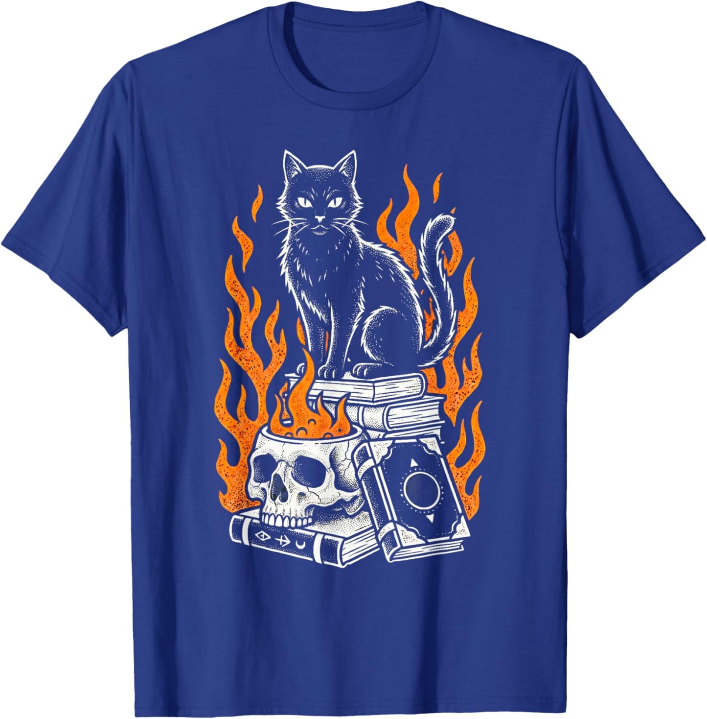 Witchy Creepy Goth Cat Skull Flames Occult Magic Books T-Shirt - T-Shirt | Royal