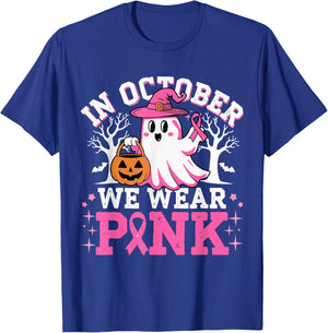 In October We Wear Pink Witch Ghost Halloween Breast Cancer T-Shirt - T-Shirt | Royal
