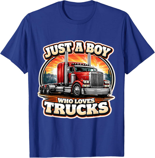 Just A Boy Who Love Semi Trucks Lover Fan Enthusiast Kids T-Shirt - T-Shirt | Royal