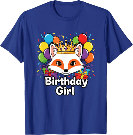 Birthday Girl Fox Crown Jungle Animals Funny Kids Party T-Shirt - T-Shirt | Royal