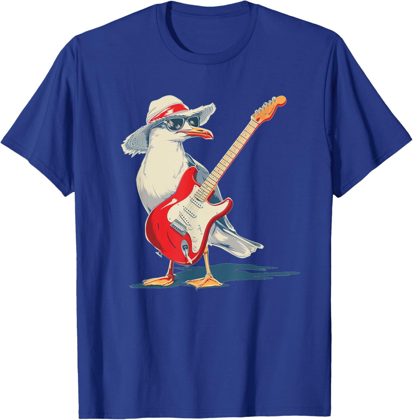 Funny Seagull with Beach Hat and electric Guitar T-Shirt - T-Shirt | Royal