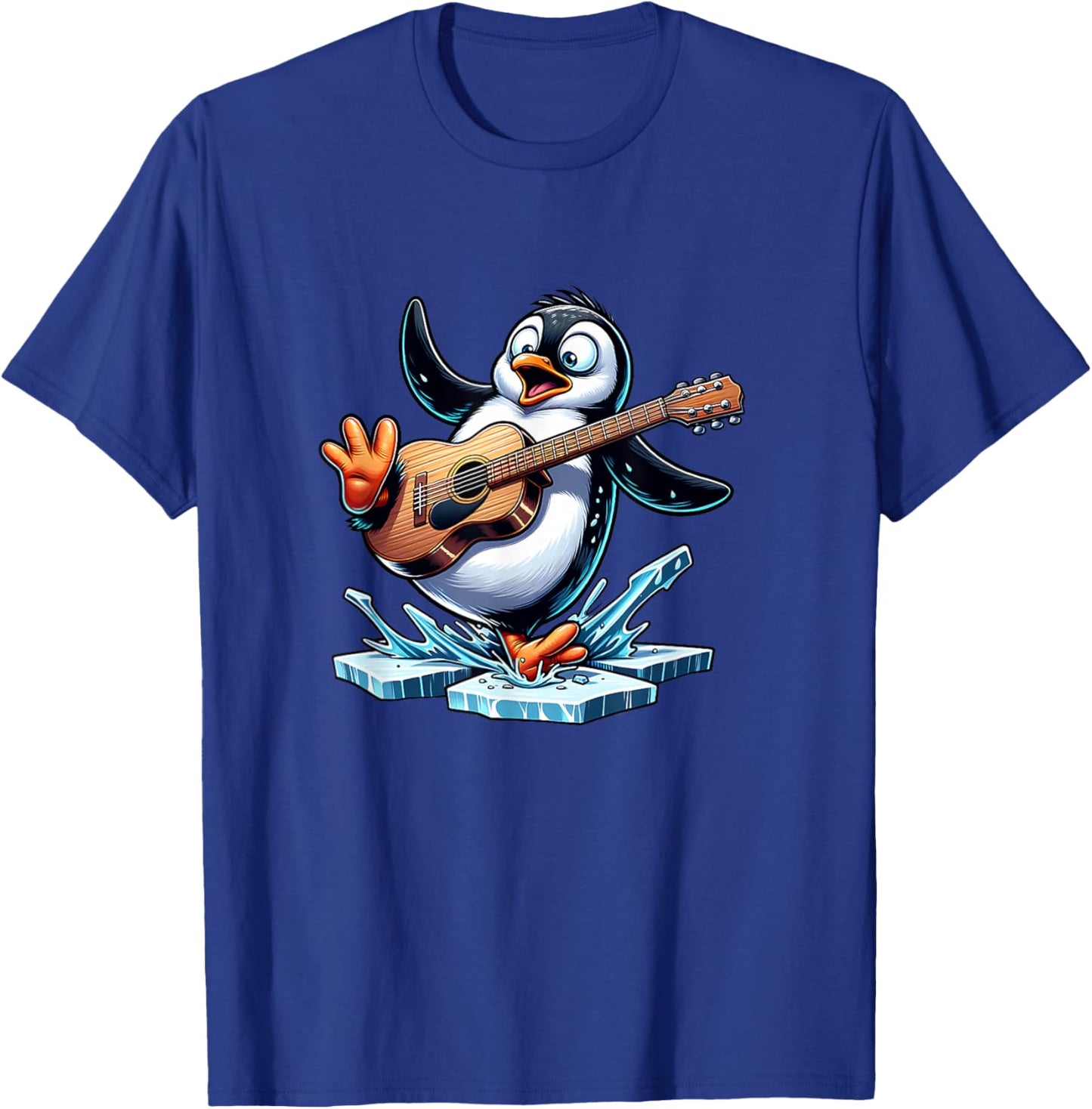Funny Penguin Playing Guitar On Ice Splash T-Shirt - T-Shirt | Royal