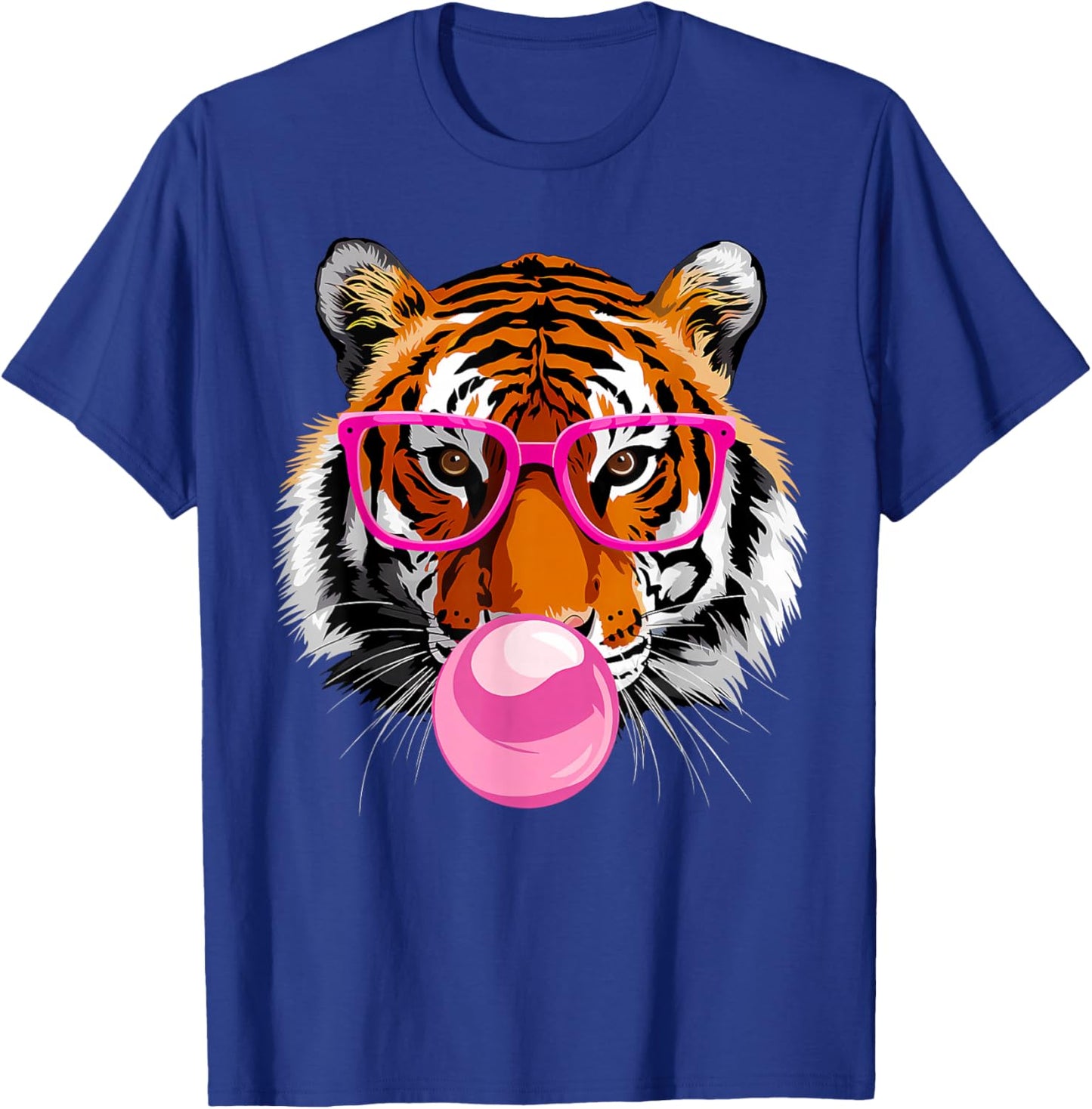 Funny Tiger Wearing Glasses and Blowing Pink Bubble Gum T-Shirt - T-Shirt | Royal