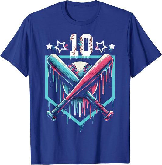 Baseball Drip 10th Birthday Boys Number 10 Youth 10 Year Old T-Shirt - T-Shirt | Royal