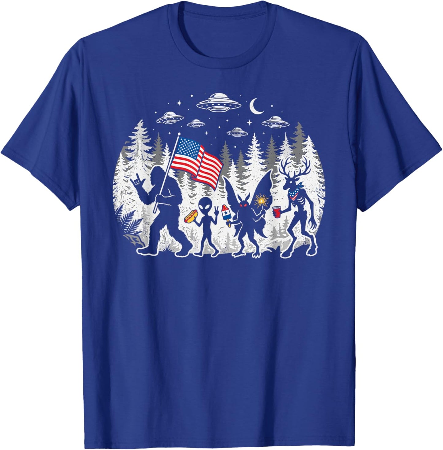 Funny Bigfoot Alien Patriotic 4th of July UFO Forest T-Shirt - T-Shirt | Royal