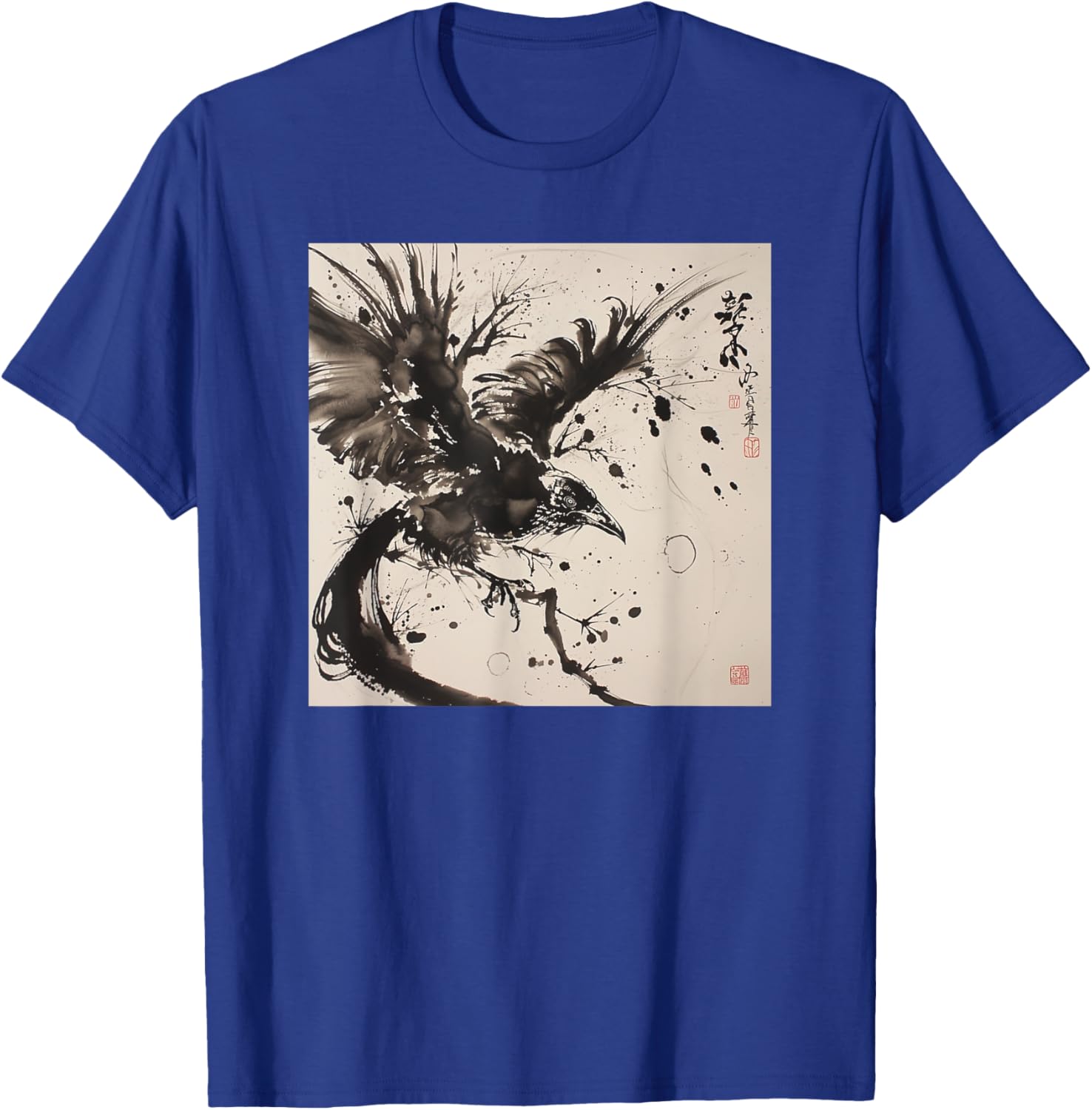 Japanese Ink Art Crow- Raven Ink Art Graphic T-Shirt - T-Shirt | Royal