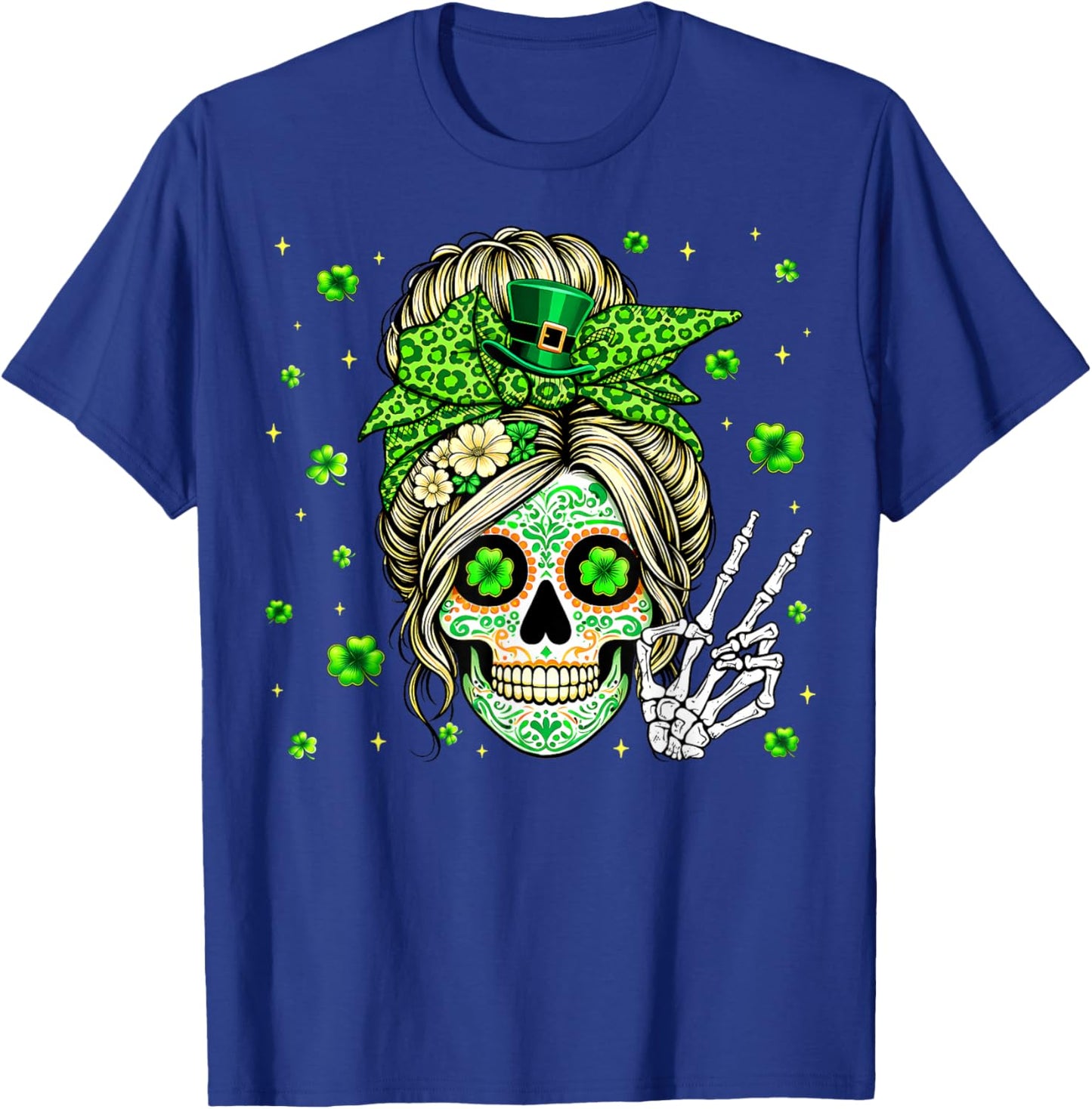Sugar Skull Messy Bun Leopard Shamrock St Patricks Women T-Shirt - T-Shirt | Royal