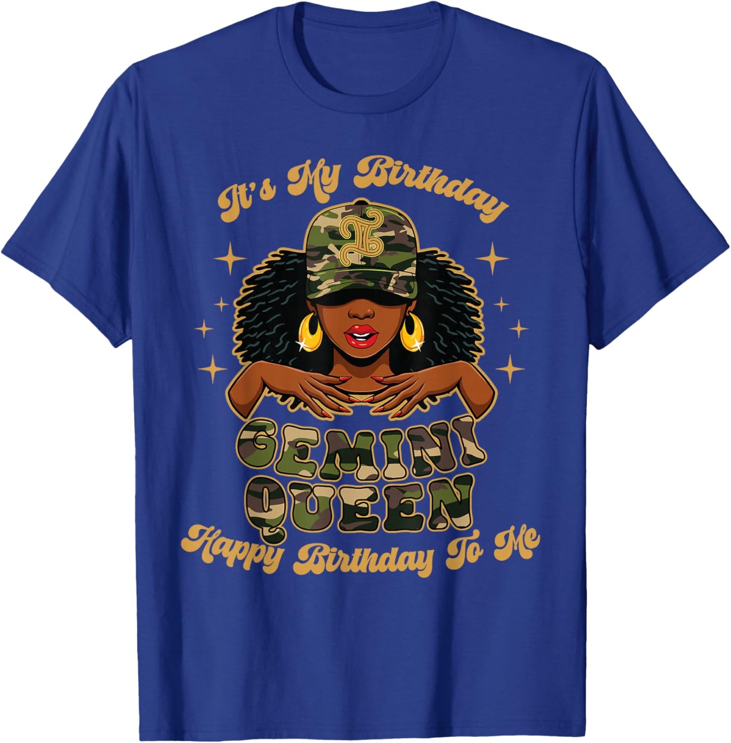Birthday Gemini Queen Camo Black Woman African Zodiac Afro T-Shirt - T-Shirt | Royal
