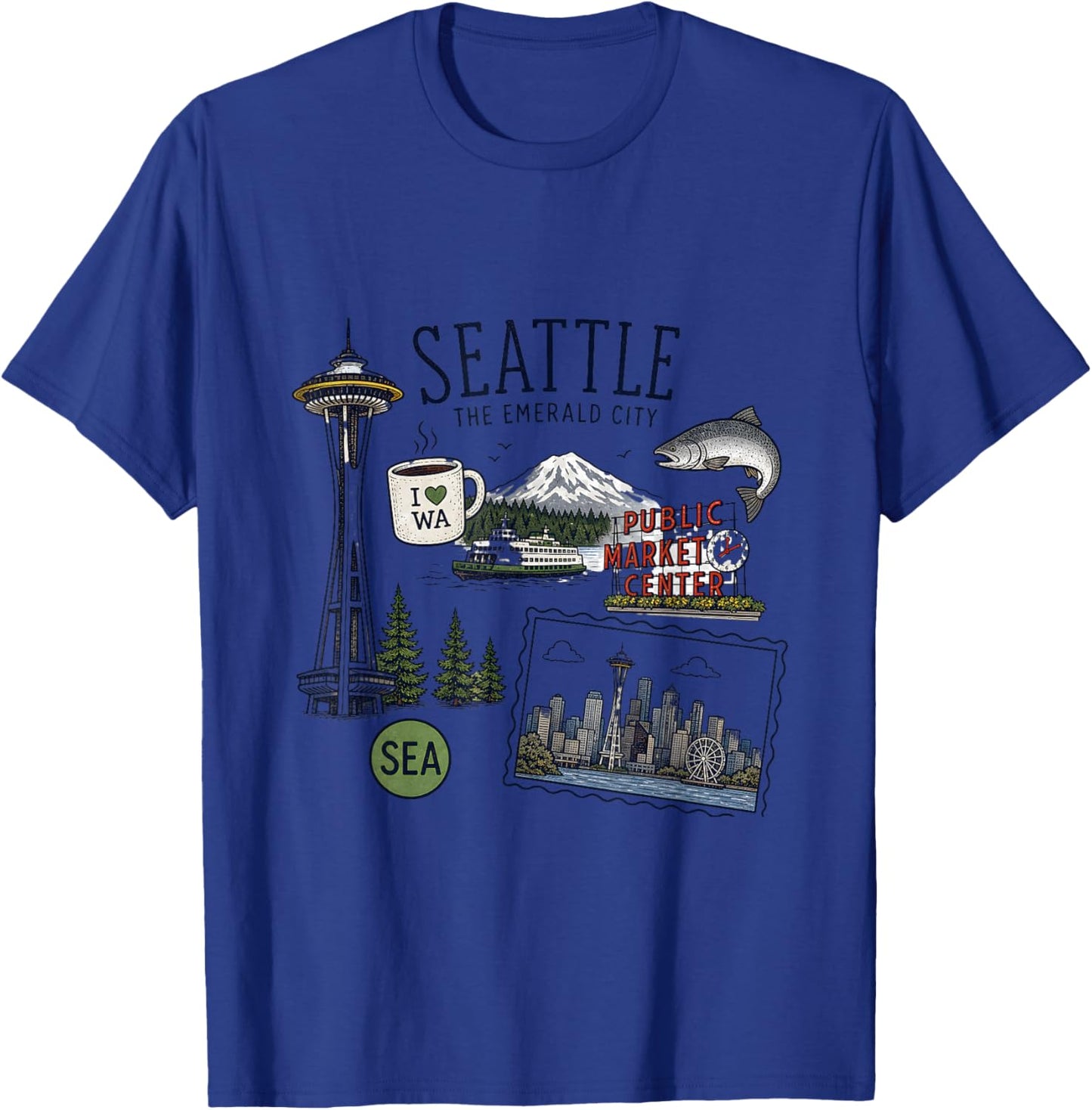 Seattle Washington City Skyline Space Needle Public Market T-Shirt - T-Shirt | Royal