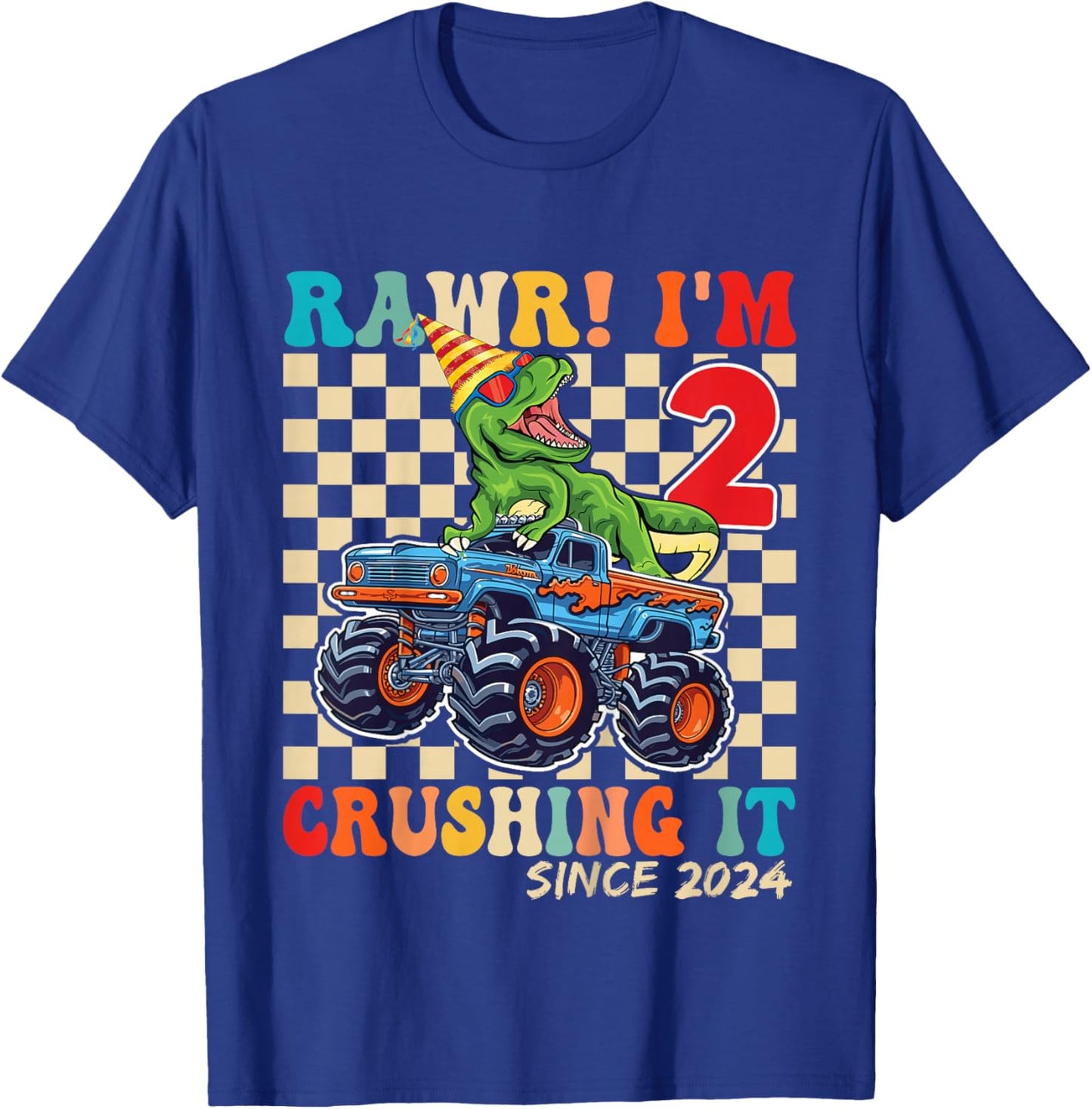 2nd Birthday Monster Truck Dinosaur Party Boys Rawr I'm 2 T-Shirt - T-Shirt | Royal