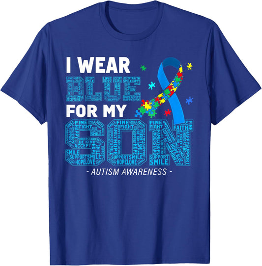 I Wear Blue For My Son Autism Awareness Mom Dad Parents T-Shirt - T-Shirt | Royal