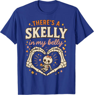 There's Skelly in My Belly Pregnant Funny Skeleton Halloween T-Shirt - T-Shirt | Royal