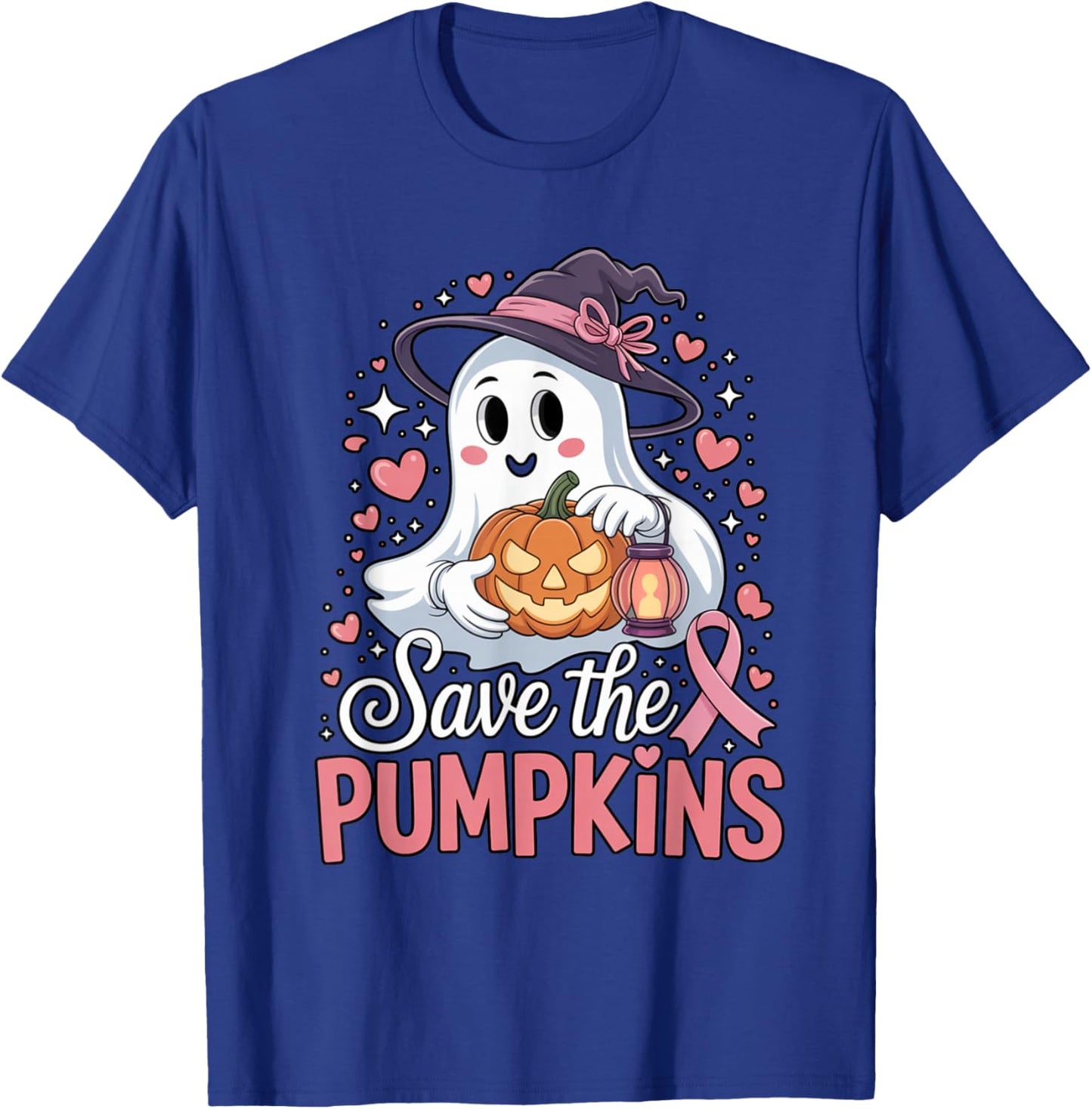 Save The Pumpkins Pink Ribbon Halloween Ghost Breast Cancer T-Shirt - T-Shirt | Royal