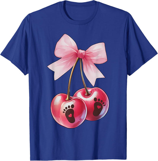 Coquette Cherry Bow With Baby Foot Pregnancy Reveal New Mom T-Shirt - T-Shirt | Royal