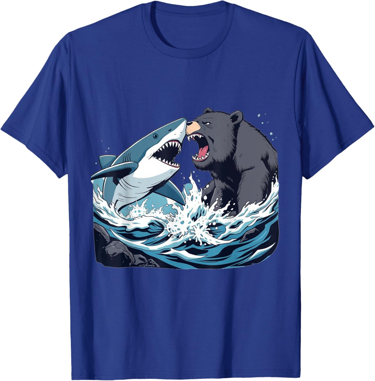 Shark vs Bear - Funny Comic Art Style Graphic T-Shirt - T-Shirt | Royal