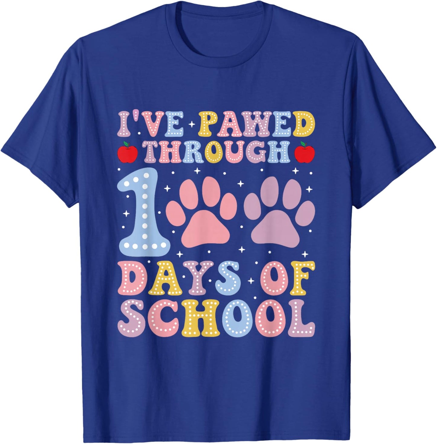Funny 100 Days Of School Dogs Cats Paw Print Teacher Kids T-Shirt - T-Shirt | Royal