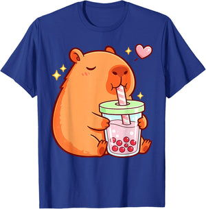 Funny Capybara Kawaii Anime Girls Drinking Boba Tea Lover T-Shirt - T-Shirt | Royal