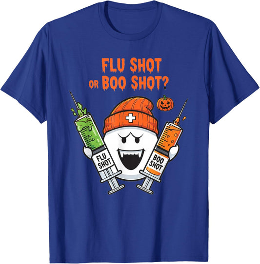 Flu Shot or Boo Shot Halloween Humor Ghost Nurse T-Shirt - T-Shirt | Royal