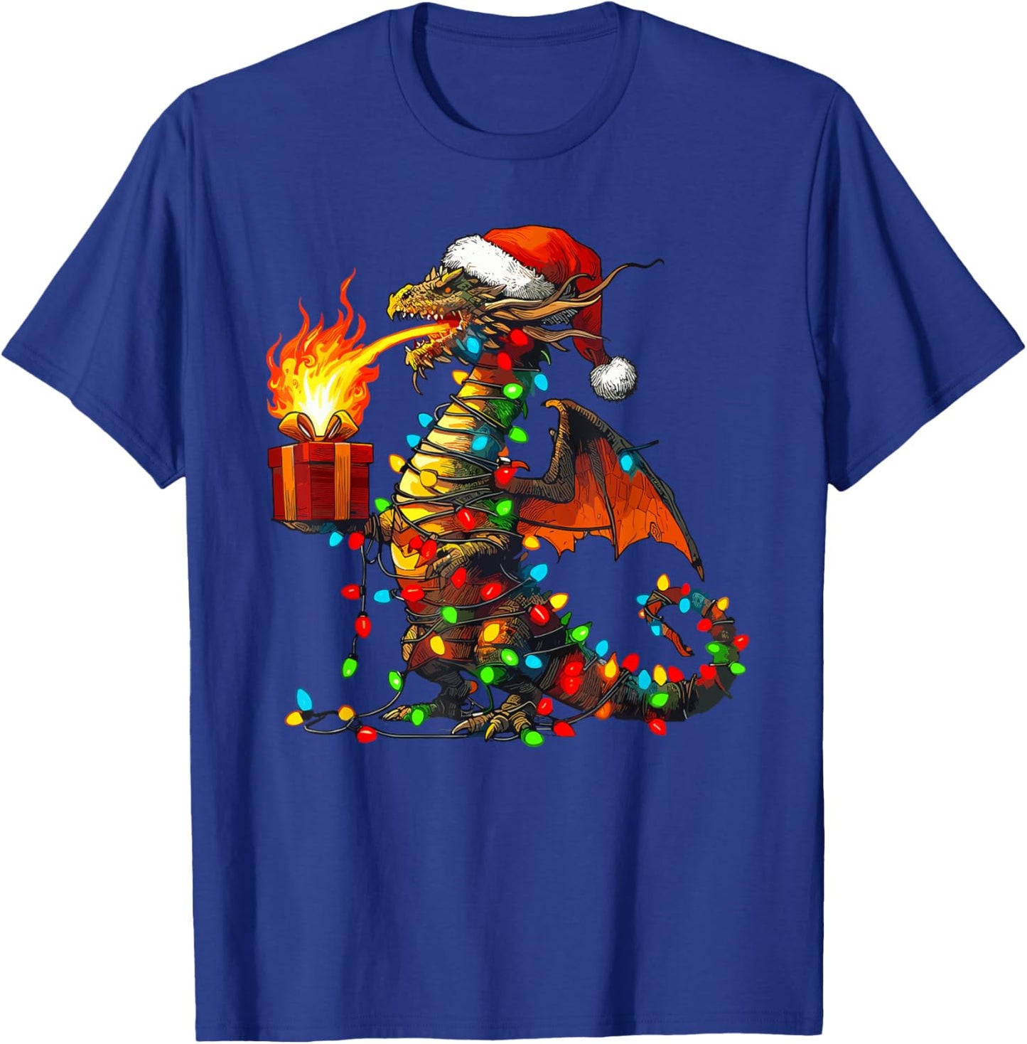 Dragon Wearing Santa Hat, Holding A Present Box Xmas T-Shirt - T-Shirt | Royal