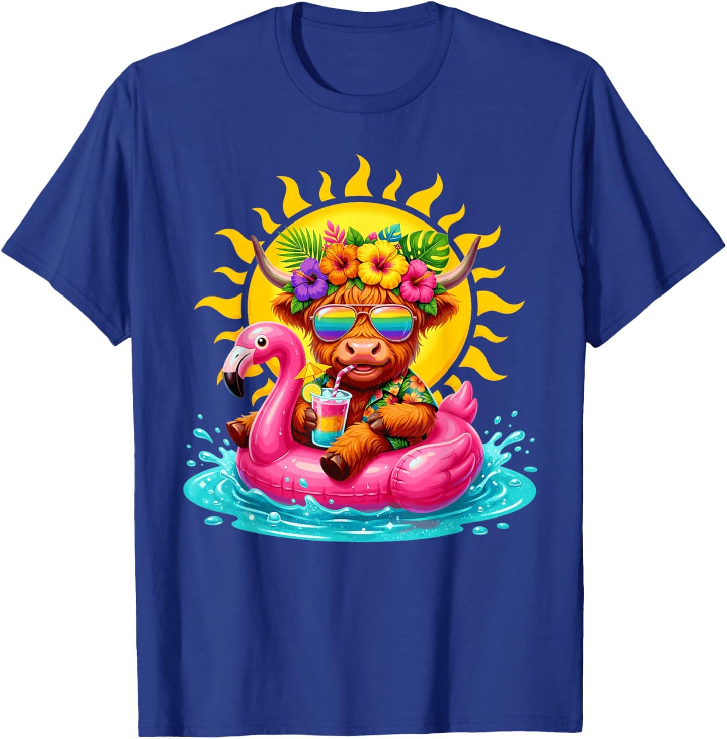 Funny Highland Cow On Flamingo Float Hawaii Tropical Summer T-Shirt - T-Shirt | Royal