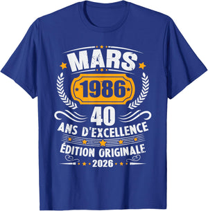 Vintage March 1986 40th Birthday Gift Man Woman T-Shirt - T-Shirt | Royal
