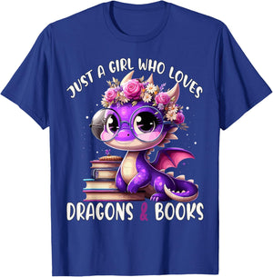 Just a Girl who loves Dragons and Books Dragon Reading Books T-Shirt - T-Shirt | Royal