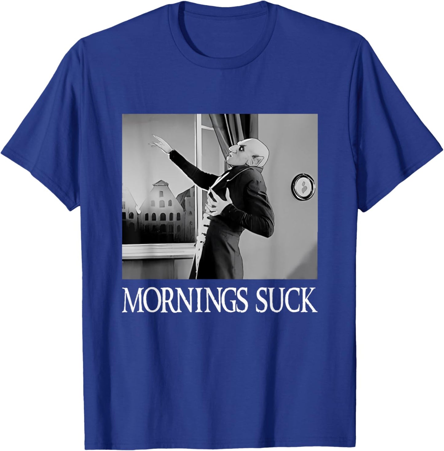 Mornings Suck Funny Halloween Vampire Pun Graphic T-Shirt - T-Shirt | Royal