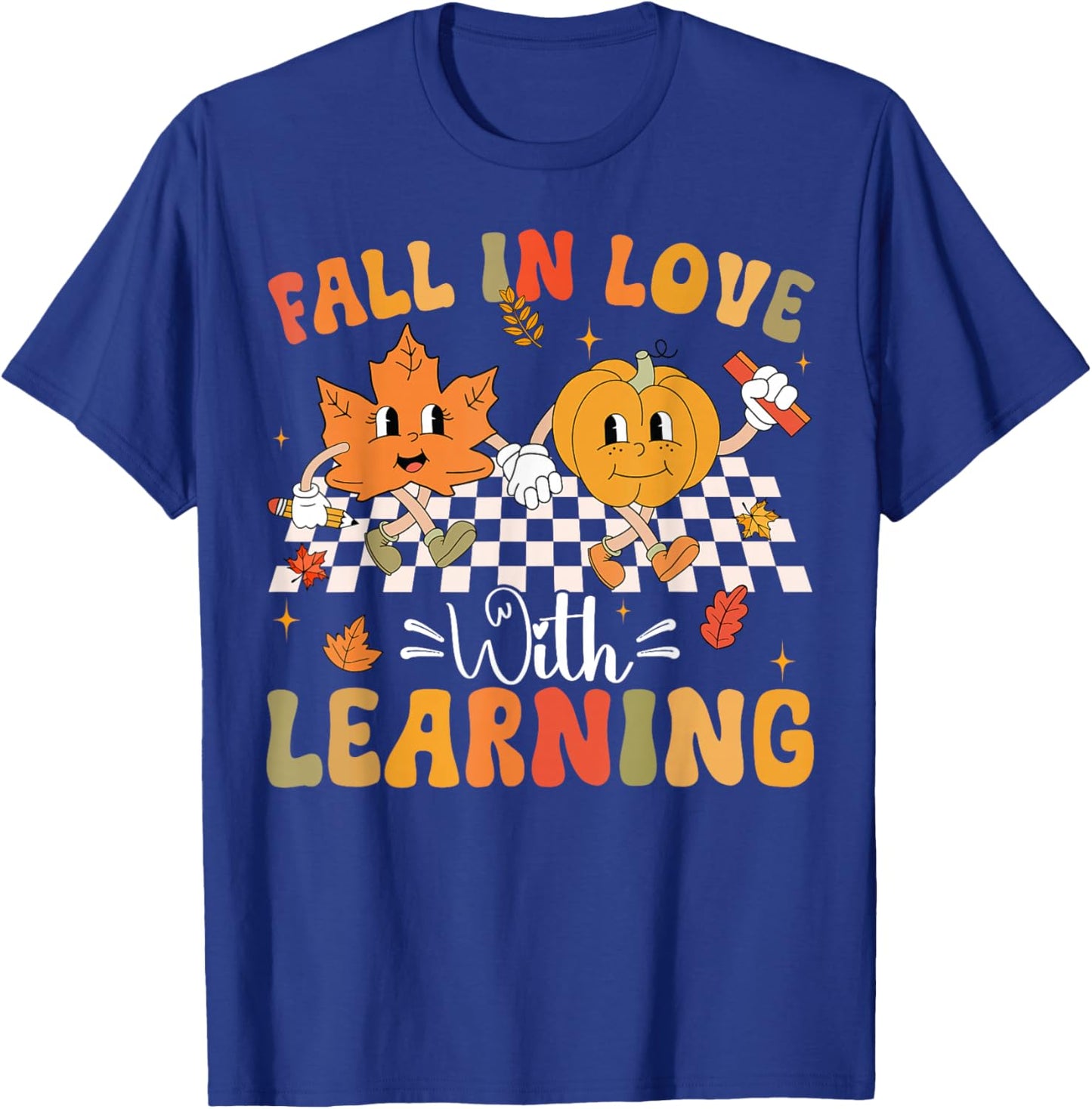 Retro Fall In Love With Learning Autumn Pumpkin Teacher T-Shirt - T-Shirt | Royal