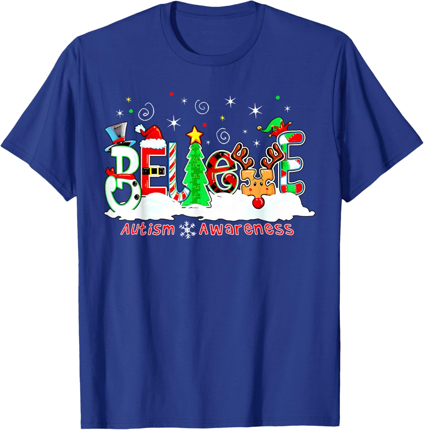 Believe Autism Awareness Christmas Tree Light Santa Reindeer T-Shirt - T-Shirt | Royal