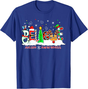 Believe Autism Awareness Christmas Tree Light Santa Reindeer T-Shirt - T-Shirt | Royal