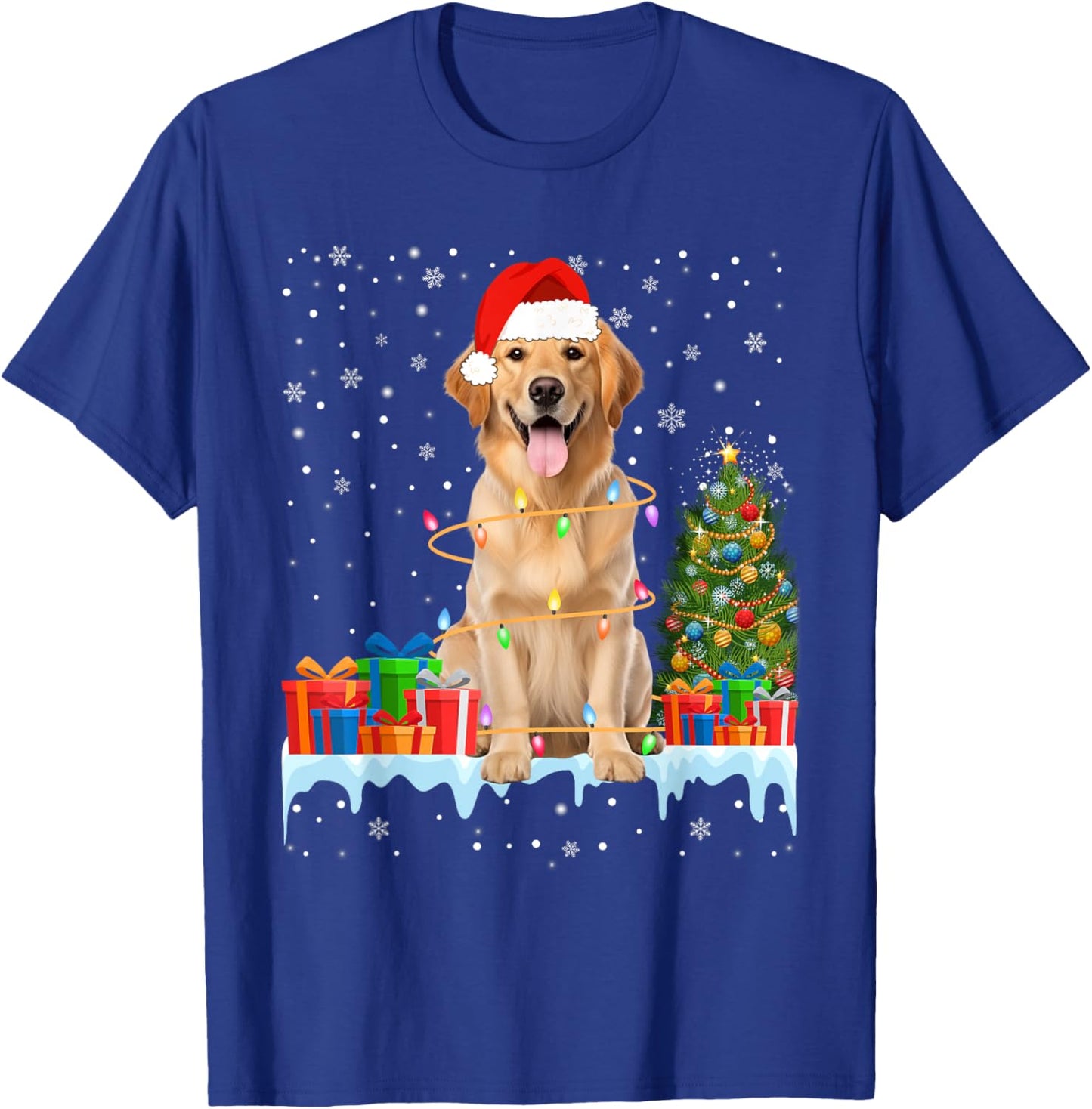 Santa Golden Retriever Dog Christmas Lights Xmas Pajamas Men Women Kids T-Shirt - T-Shirt | Royal