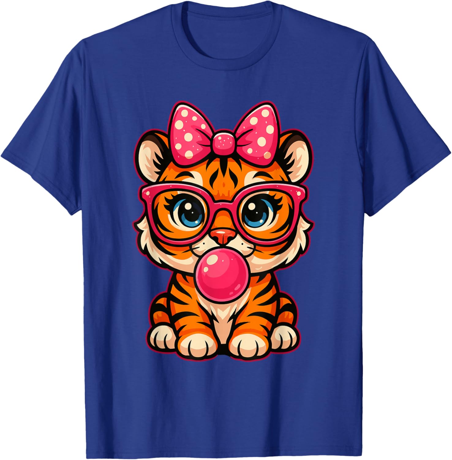Funny Tiger Glasses Blowing Bubble Gum Bow Cute Tiger T-Shirt - T-Shirt | Royal