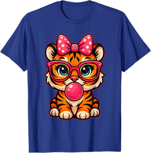 Funny Tiger Glasses Blowing Bubble Gum Bow Cute Tiger T-Shirt - T-Shirt | Royal