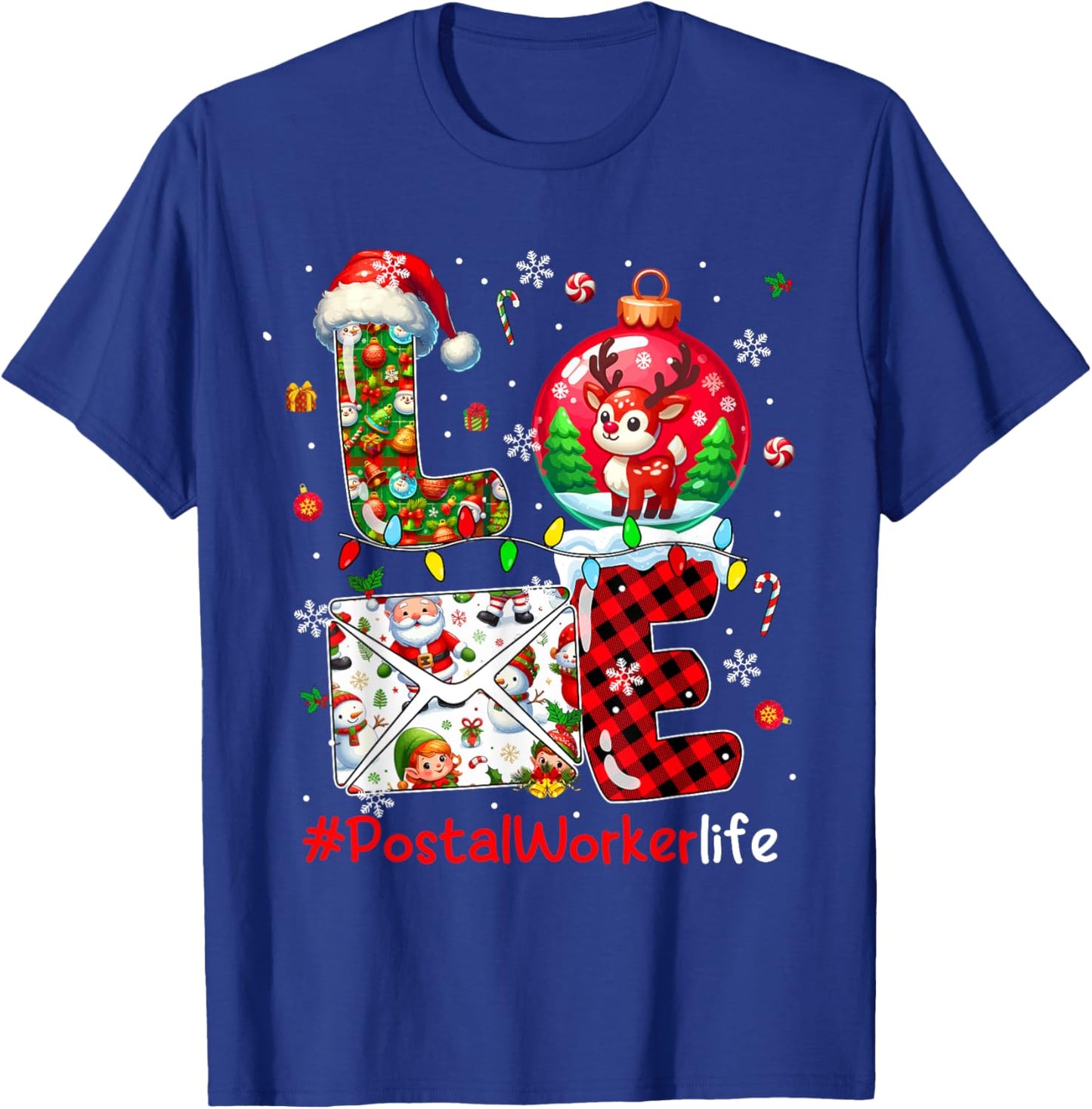 LOVE Postal Worker Christmas Santa Reindeer Matching Team T-Shirt - T-Shirt | Royal