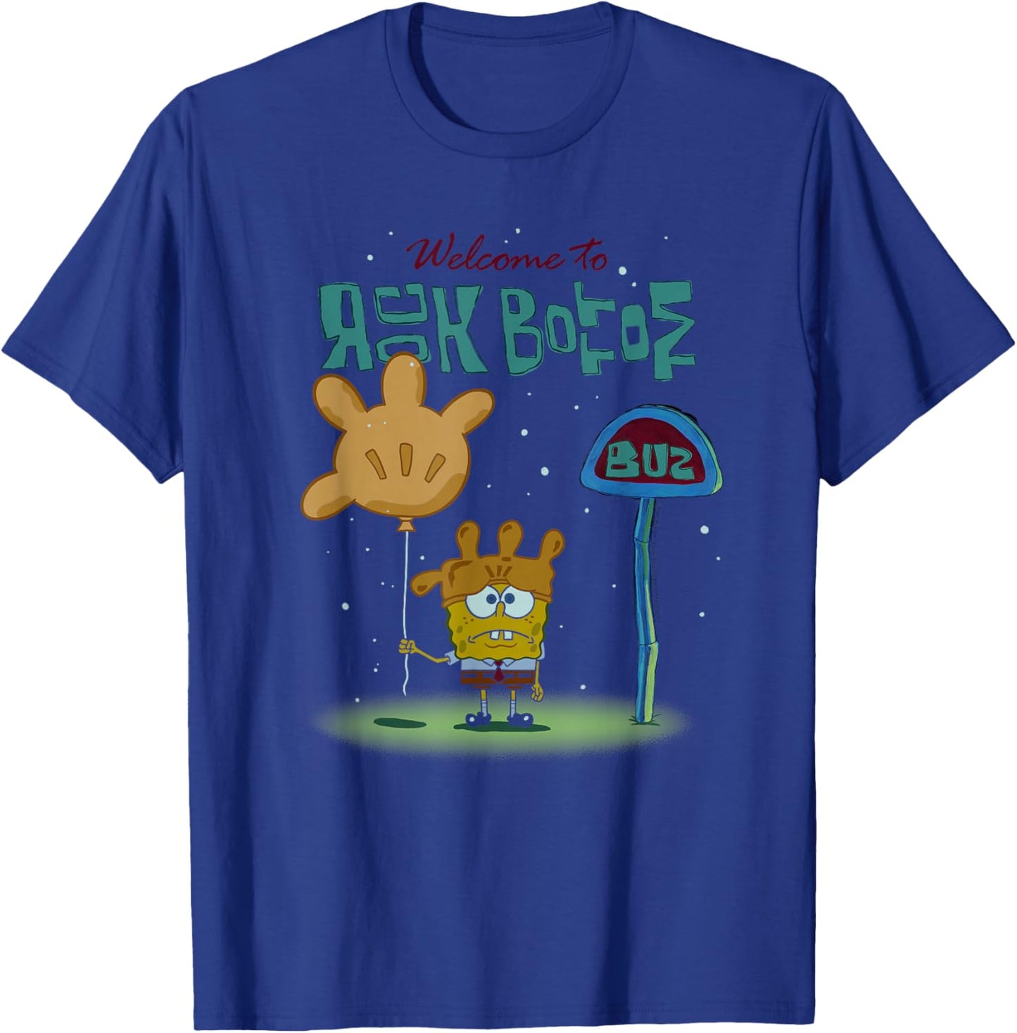 Spongebob Welcome to Rock Bottom Bus Stop Cartoon T-Shirt - T-Shirt | Royal