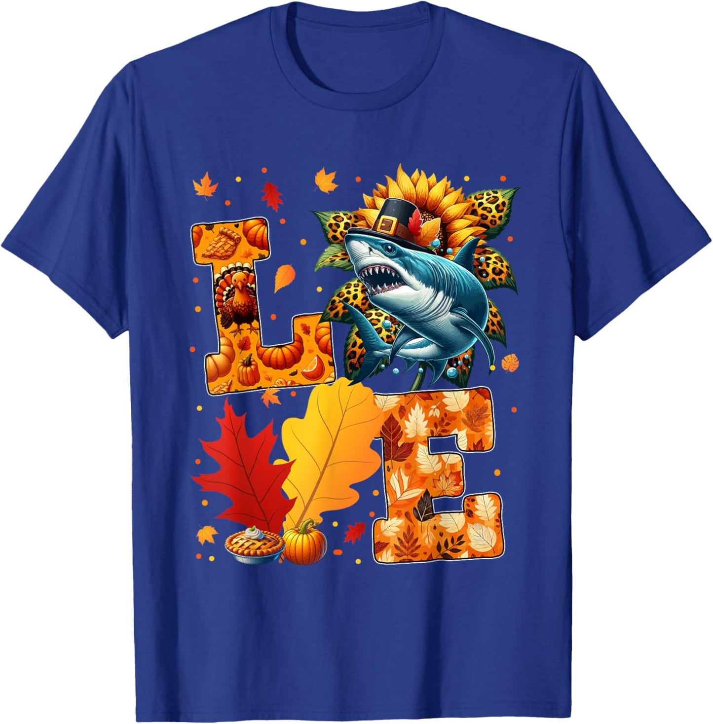 LOVE Thanksgiving Shark Fall Leaves Sunflower Sea Animals T-Shirt - T-Shirt | Royal