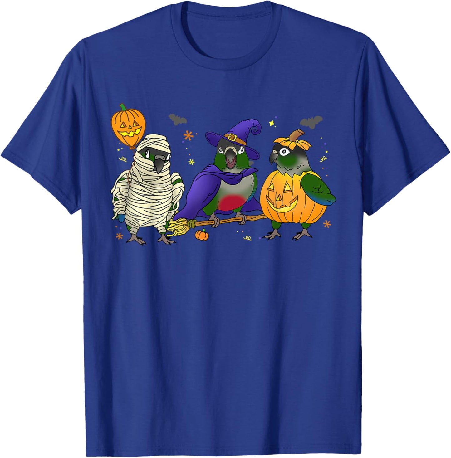 Halloween parrot Green Cheek Conure Pumpkin Mummy Witch Birb T-Shirt - T-Shirt | Royal