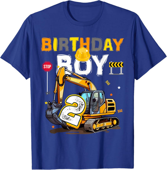 2nd Birthday Boy 2 Years Old Excavator Two Decorations T-Shirt - T-Shirt | Royal