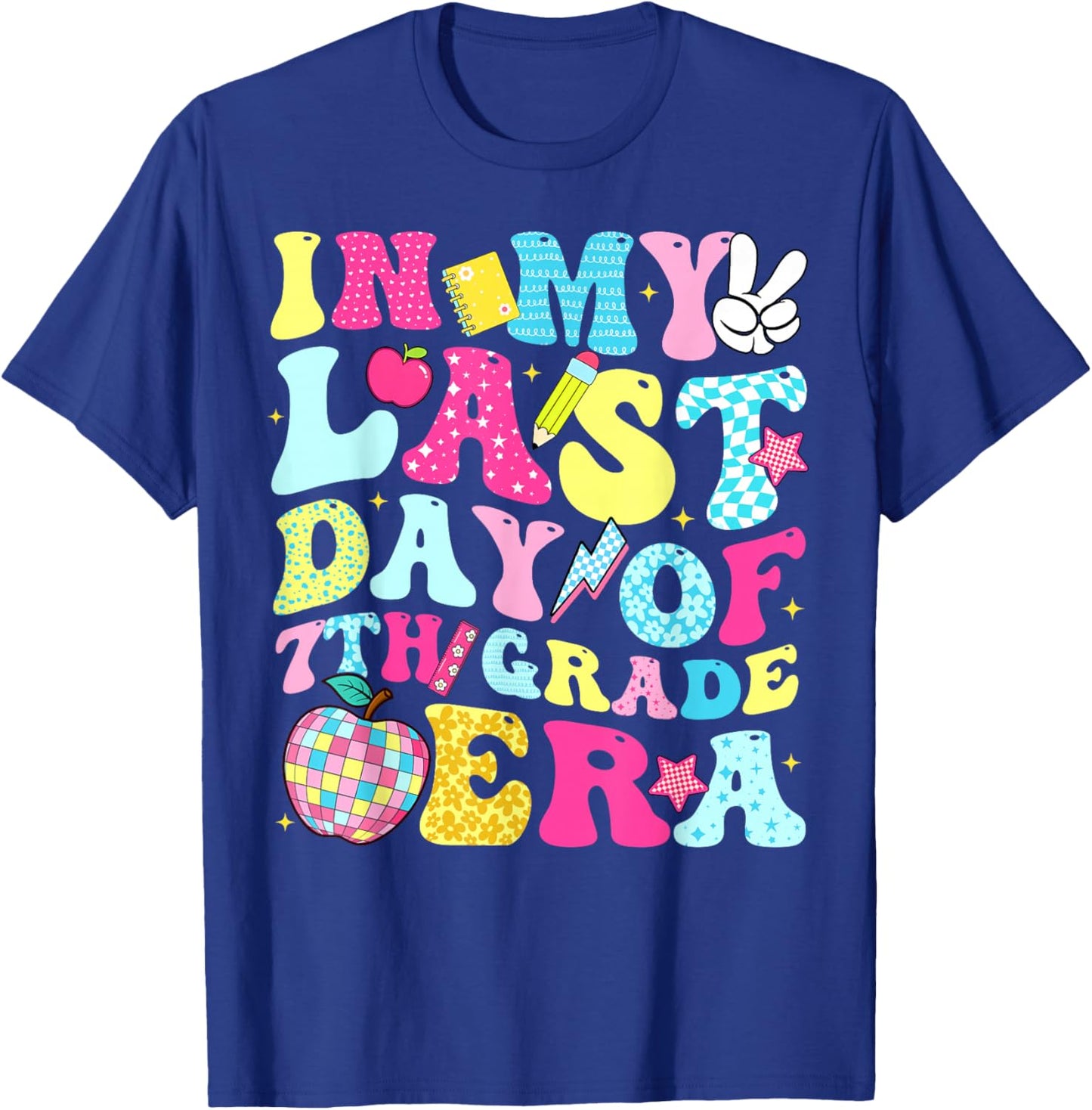 in My Last Day of 7th Grade Era Groovy Boy Girl Student T-Shirt - T-Shirt | Royal