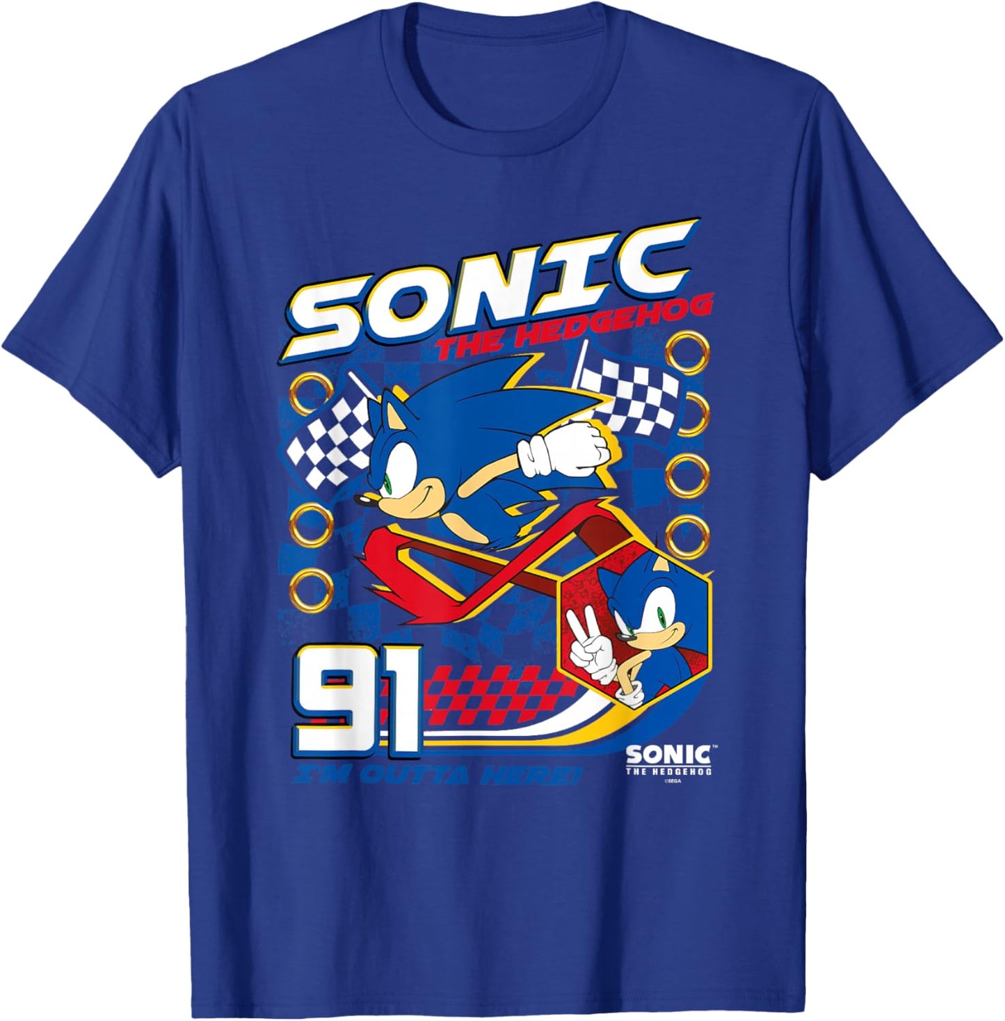 Sonic The Hedgehog 91 I'm Outta Here! Racing Poster T-Shirt - T-Shirt | Royal
